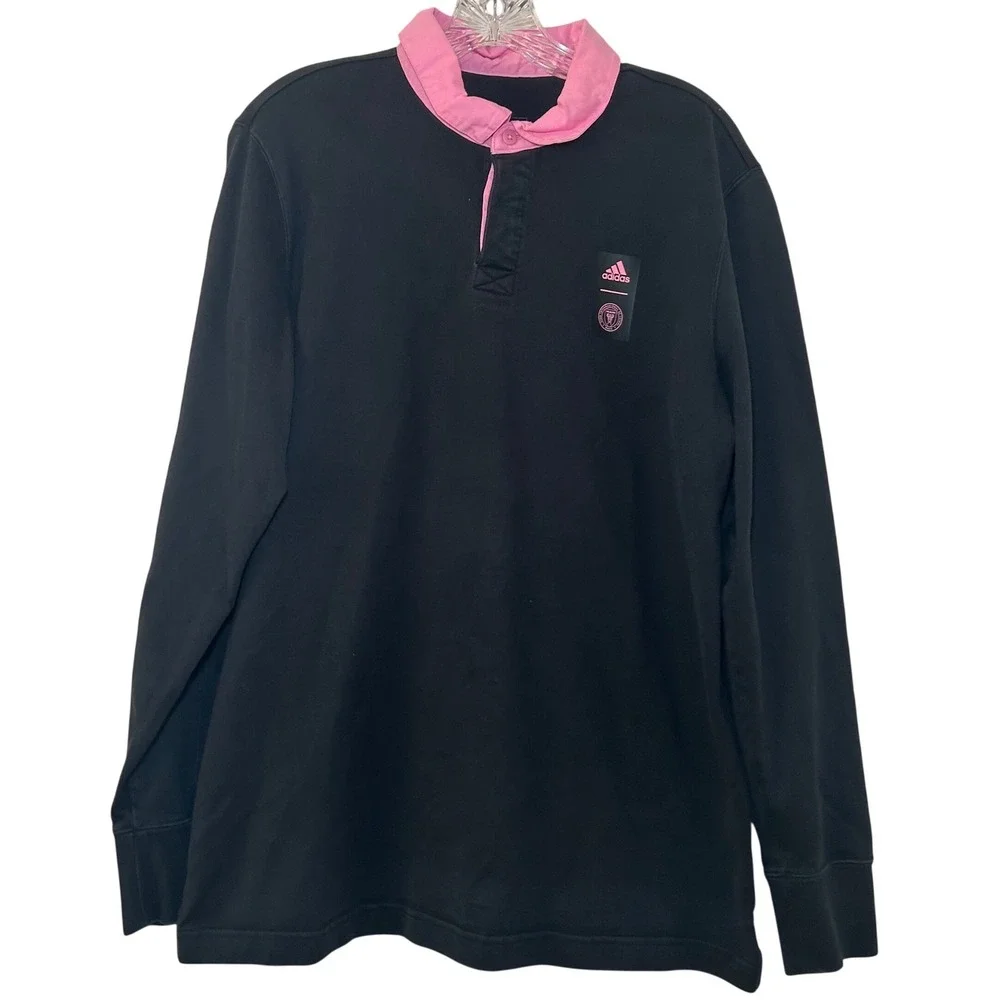 Adidas Inter Miami CF Rugby Shirt Mens Large Black Pink Long Sleeve Polo L